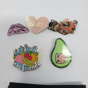 Lot Of 5 Cute Enamel Pins - Slay Heart Space Cat Avocado Kitty Meowingtons